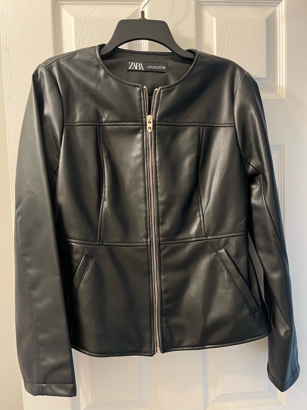 ZARA Black Faux Leather Round-Neck Zip Jacket